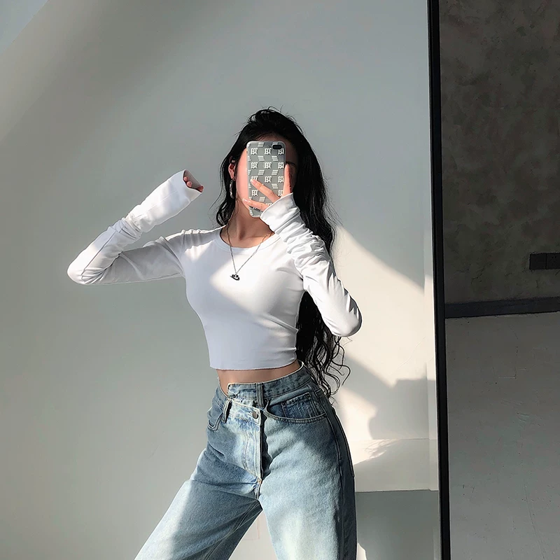 YoungGirlDay Áo thun ngắn tay ngắn kiểu Âu Mỹ gợi cảm, cổ tròn, hai lớp, tay áo dài, kiểu dáng ôm sát