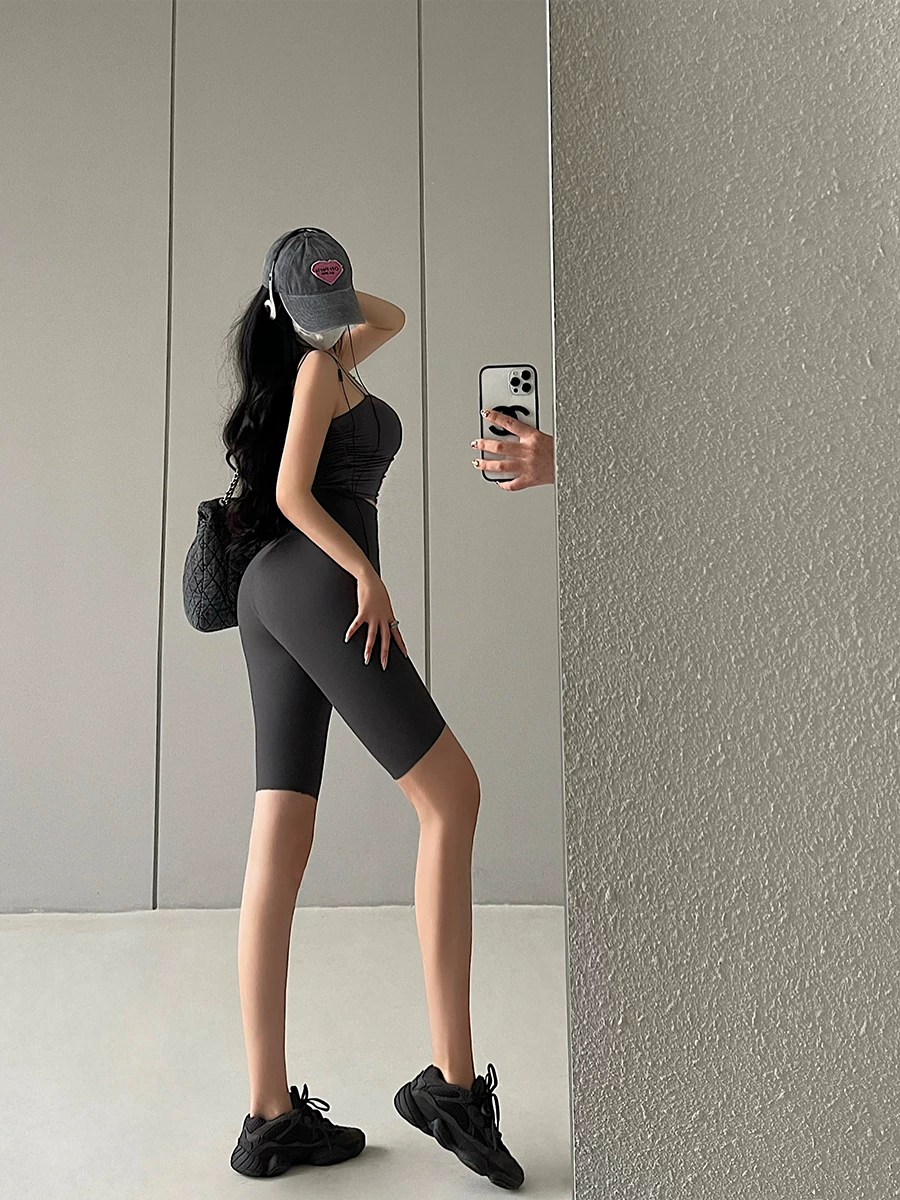 YoungGirlDay Quần short thể thao cạp cao kiểu Âu Mỹ, ôm sát, nâng mông, quần short đi xe đạp, quần short thể thao