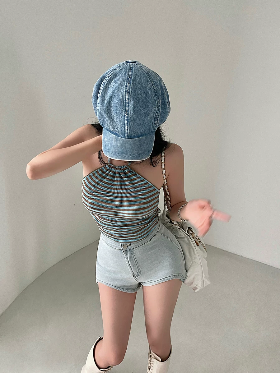 Áo crop top ngắn bó sát, lưng trần, xếp ly, sọc, cổ halter gợi cảm YoungGirlDay pure desire