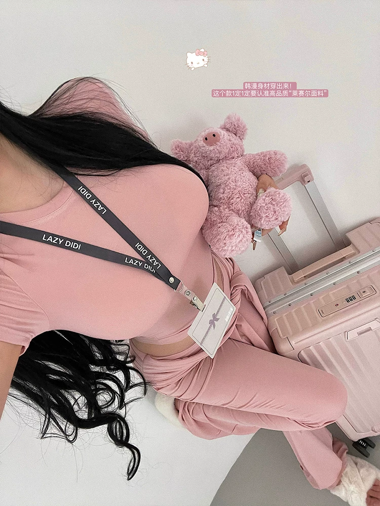 Áo thun ngắn tay màu xanh rong biển YoungGirlDay có dây buộc và quần dài chạm sàn kiểu dáng thông thường