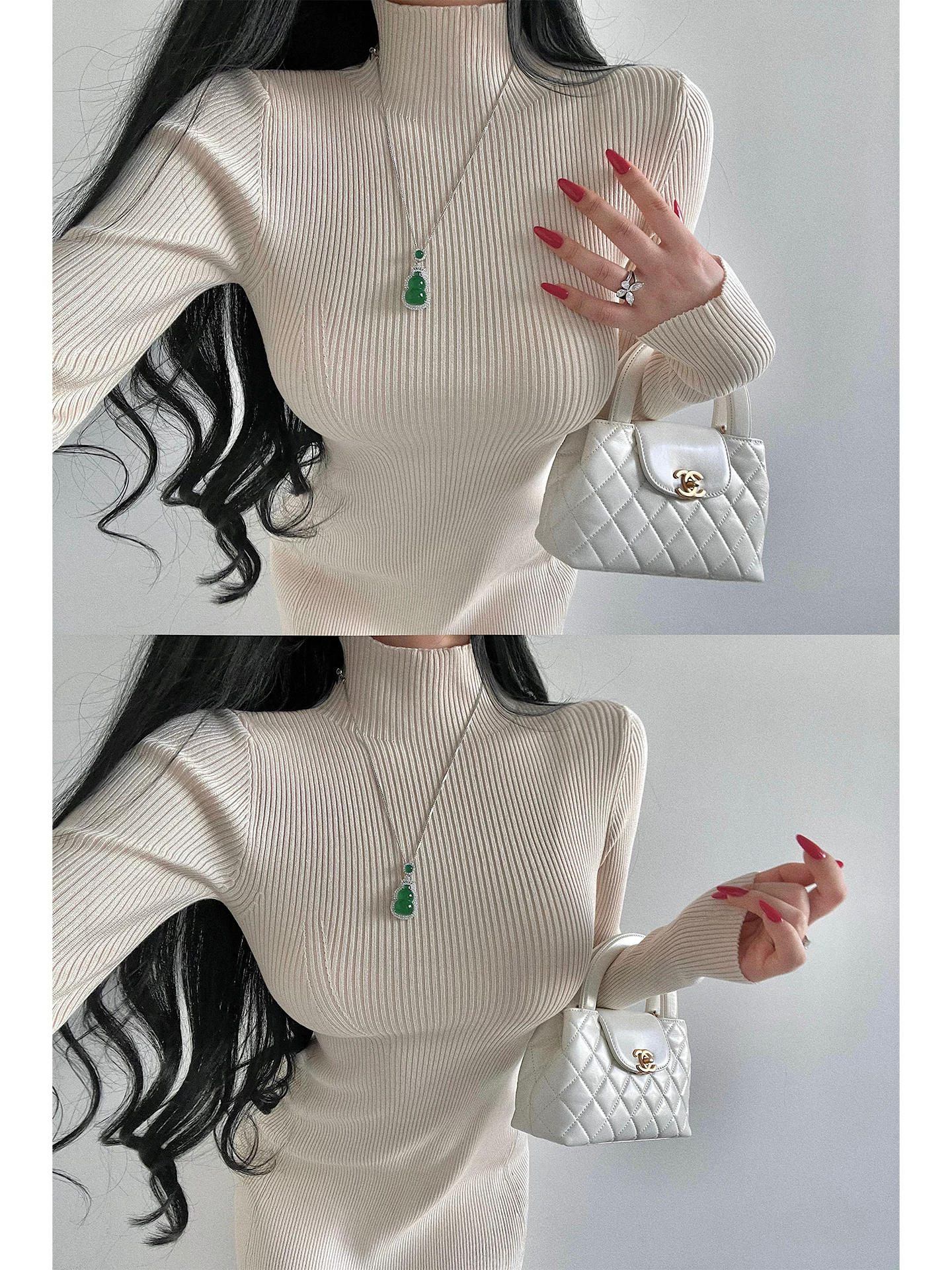 YoungGirlDay phong cách thuần khiết và dịu dàng, đầm dệt kim dài tay, dáng ôm vừa vặn, có viền lớn.