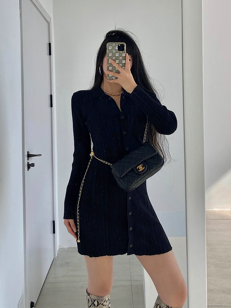 YoungGirlDay Váy ngắn ôm sát cơ thể, kiểu dáng châu Âu và Mỹ gợi cảm, ôm sát cơ thể, có ve áo, tay áo dài, kiểu dáng châu Âu và Mỹ