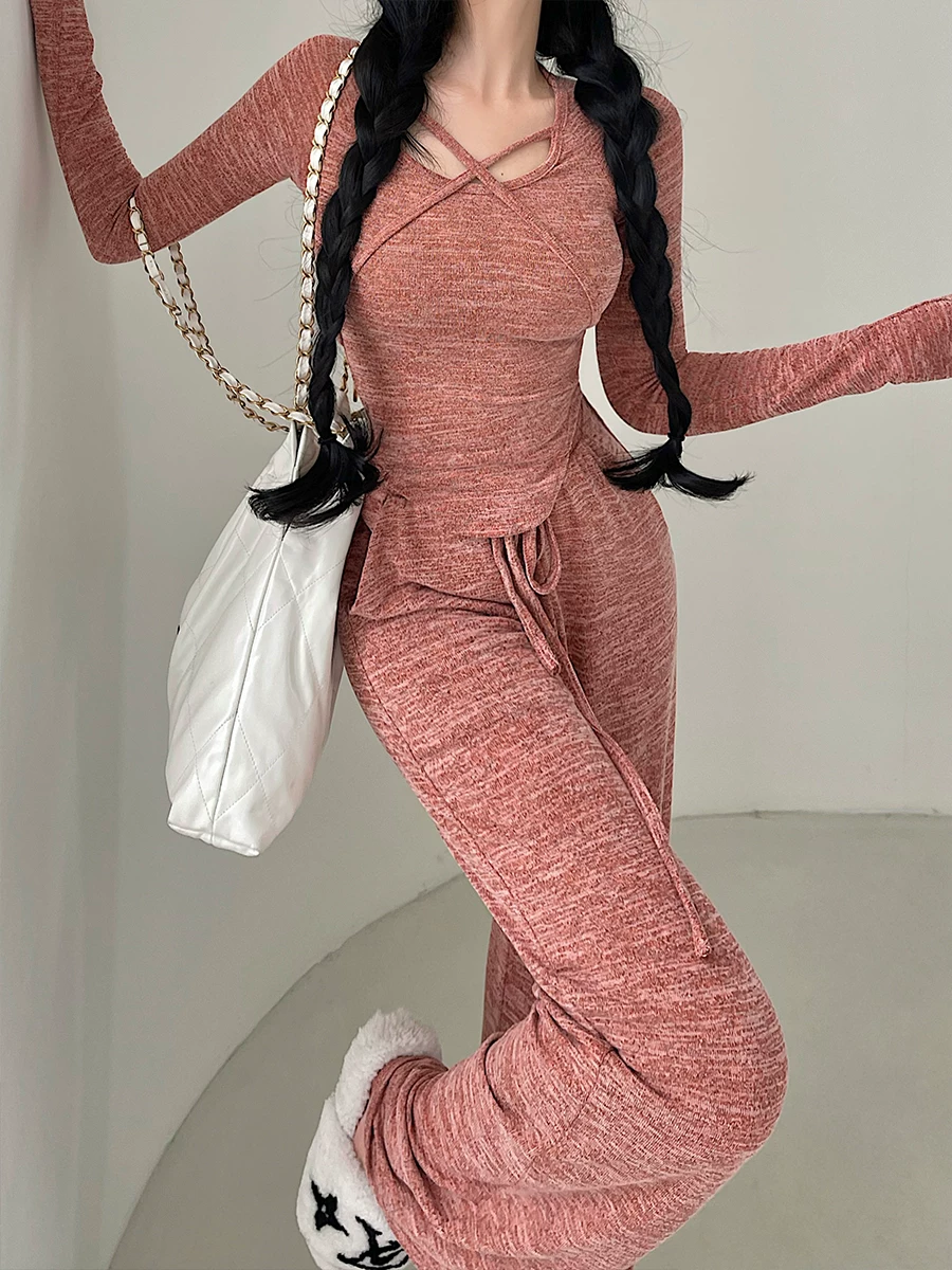 YoungGirlDay Pure Desire Style Slim Fit Tie Áo thun dài tay có dây rút eo cao Quần âu dài đến sàn Bộ quần dài