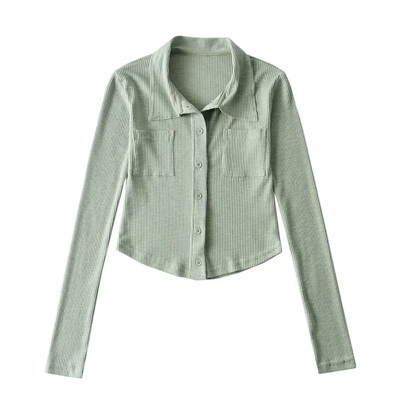 YoungGirlDay Áo thun ngắn tay dài có ve áo, hai túi, phong cách retro kiểu Mỹ, kiểu dáng ôm vừa vặn