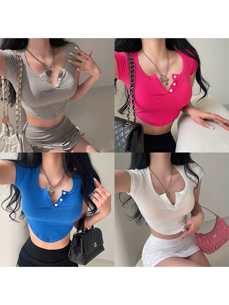 Áo thun crop top ngắn tay ngắn, cổ tròn, ôm sát, vạt cong, hở rốn, tay ngắn của YoungGirlDay.