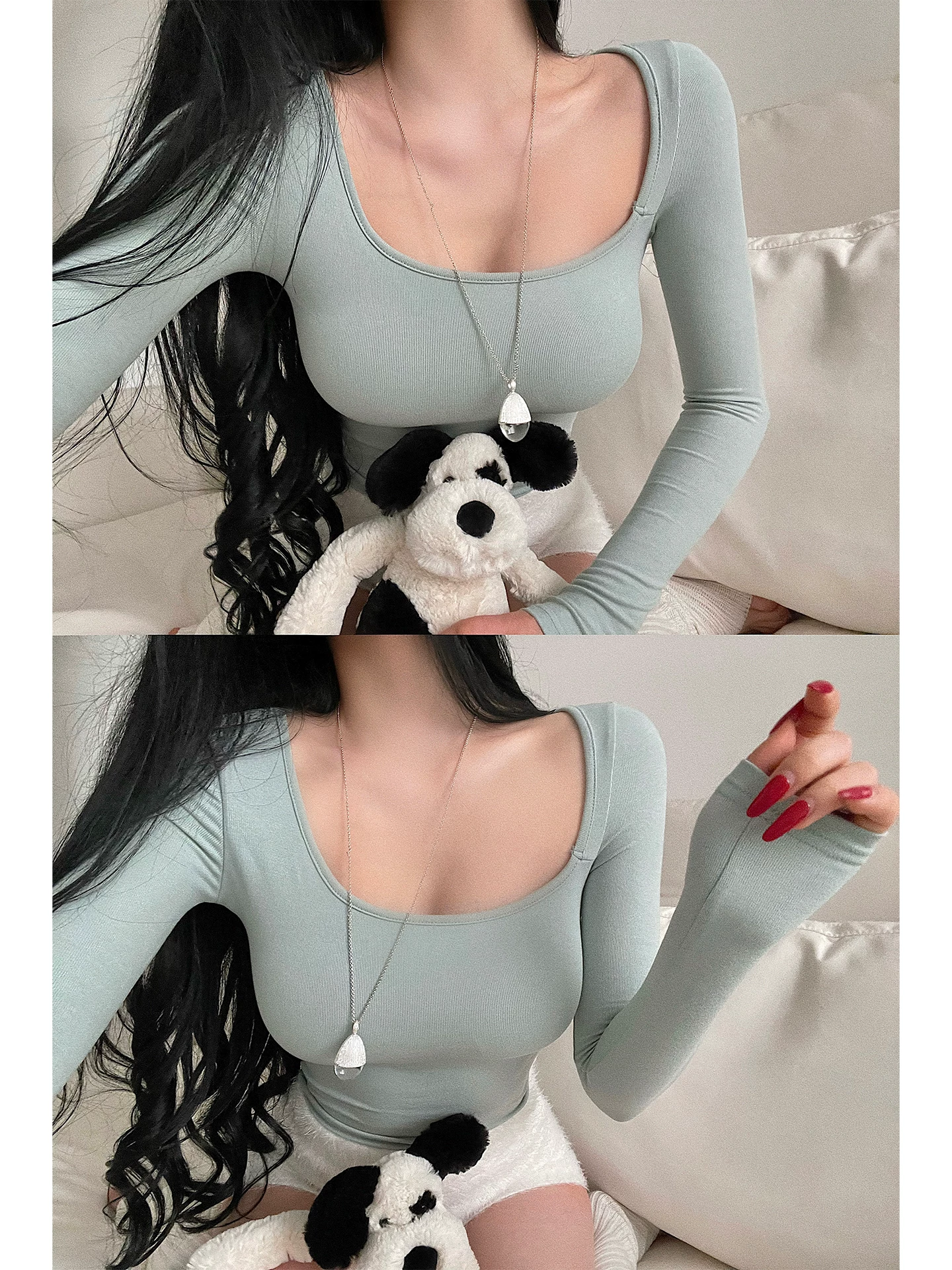 YoungGirlDay Pure Desire Style Áo thun dài tay bó sát cổ không đều kiểu dáng gợi cảm có miếng đệm ngực.