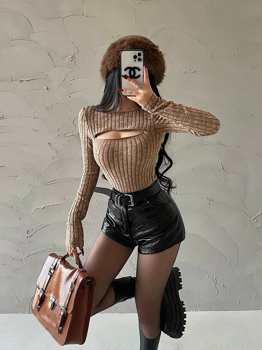 Áo len dệt kim dài tay ôm sát, khoét lỗ gợi cảm, có khóa kéo, dành cho nữ của YoungGirlDay.