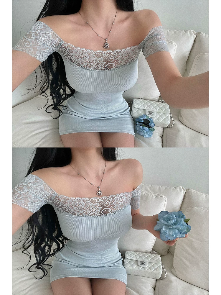 YoungGirlDay Váy ngắn ôm sát cơ thể, phối ren một bên vai, gợi cảm và quyến rũ, kiểu vá ngắn