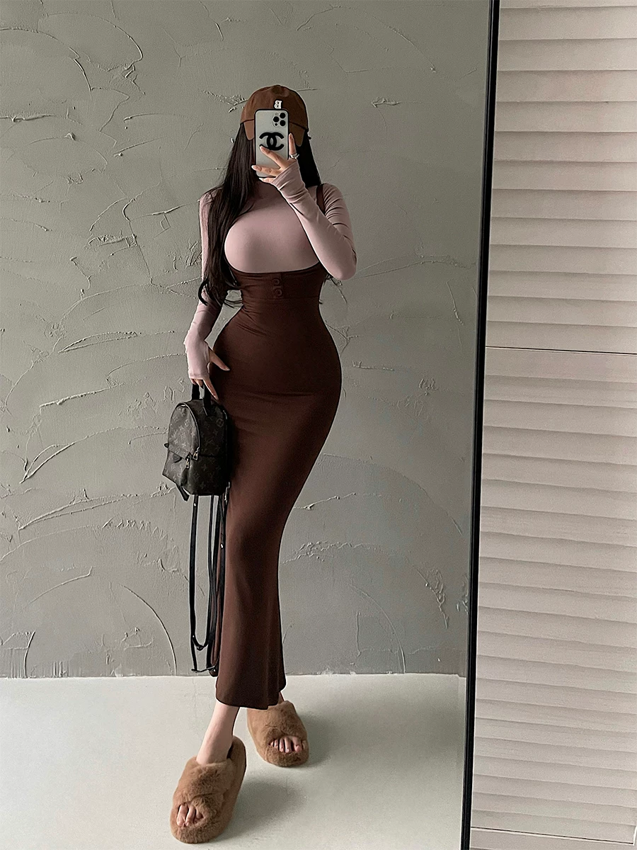 YoungGirlDay khao khát thuần khiết gợi cảm, áo thun dài tay cổ lọ bó sát, ôm sát hông, bộ váy đuôi cá