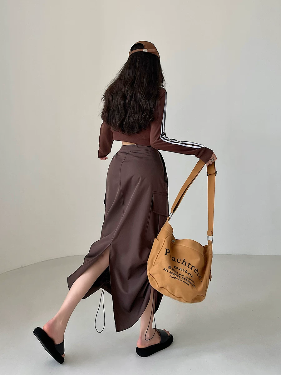 YoungGirlDay Váy công sở dáng rộng phong cách đường phố kiểu Mỹ, có đường xẻ phía sau và viền dây rút, váy dài.