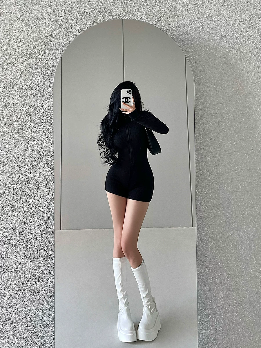 YoungGirlDay Phong cách châu Âu và Mỹ phong cách cô gái nóng bỏng cổ đứng có khóa kéo dáng ôm vừa vặn dài tay màu trơn quần short dệt kim hợp thời trang