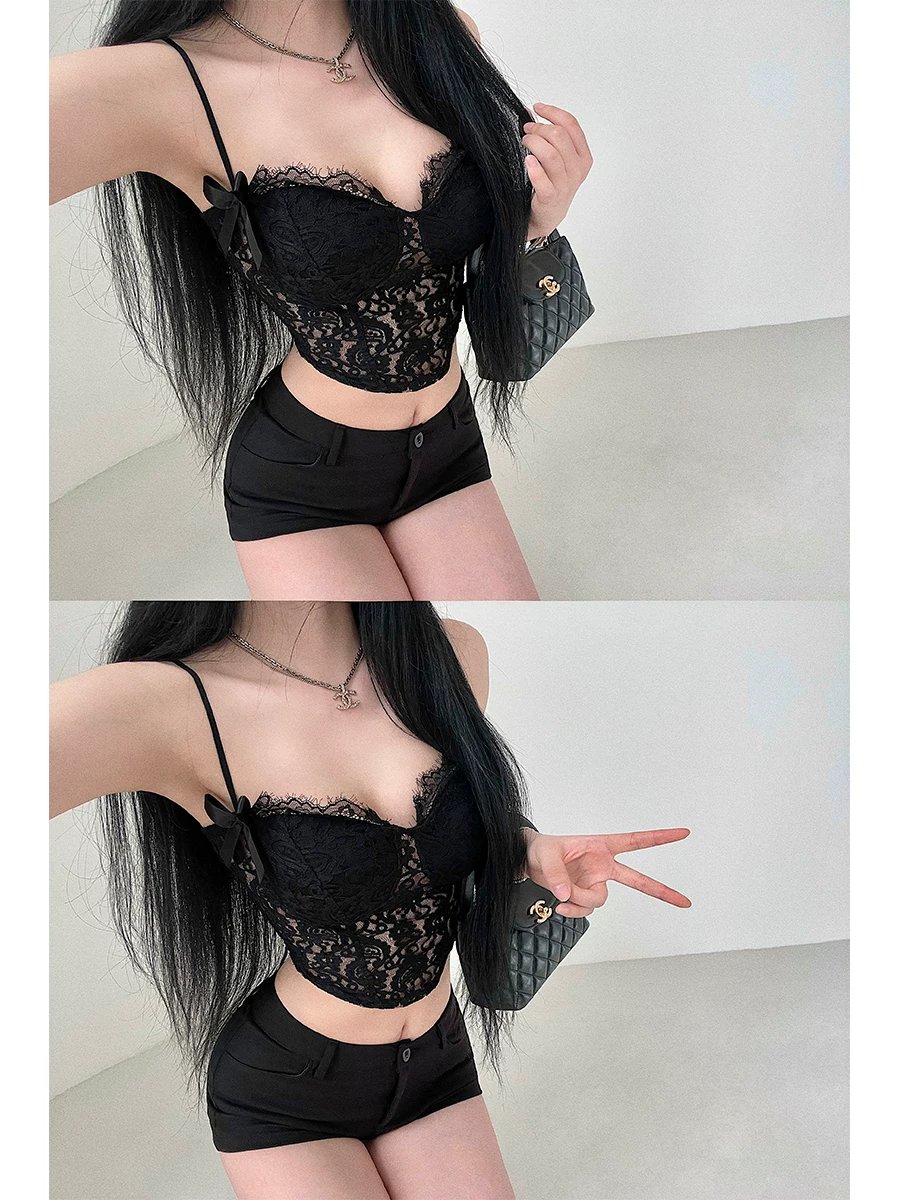 YoungGirlDay pure Desire gợi cảm ren khoét lỗ nơ thắt nơ áo crop top ngắn vừa vặn có đệm ngực.