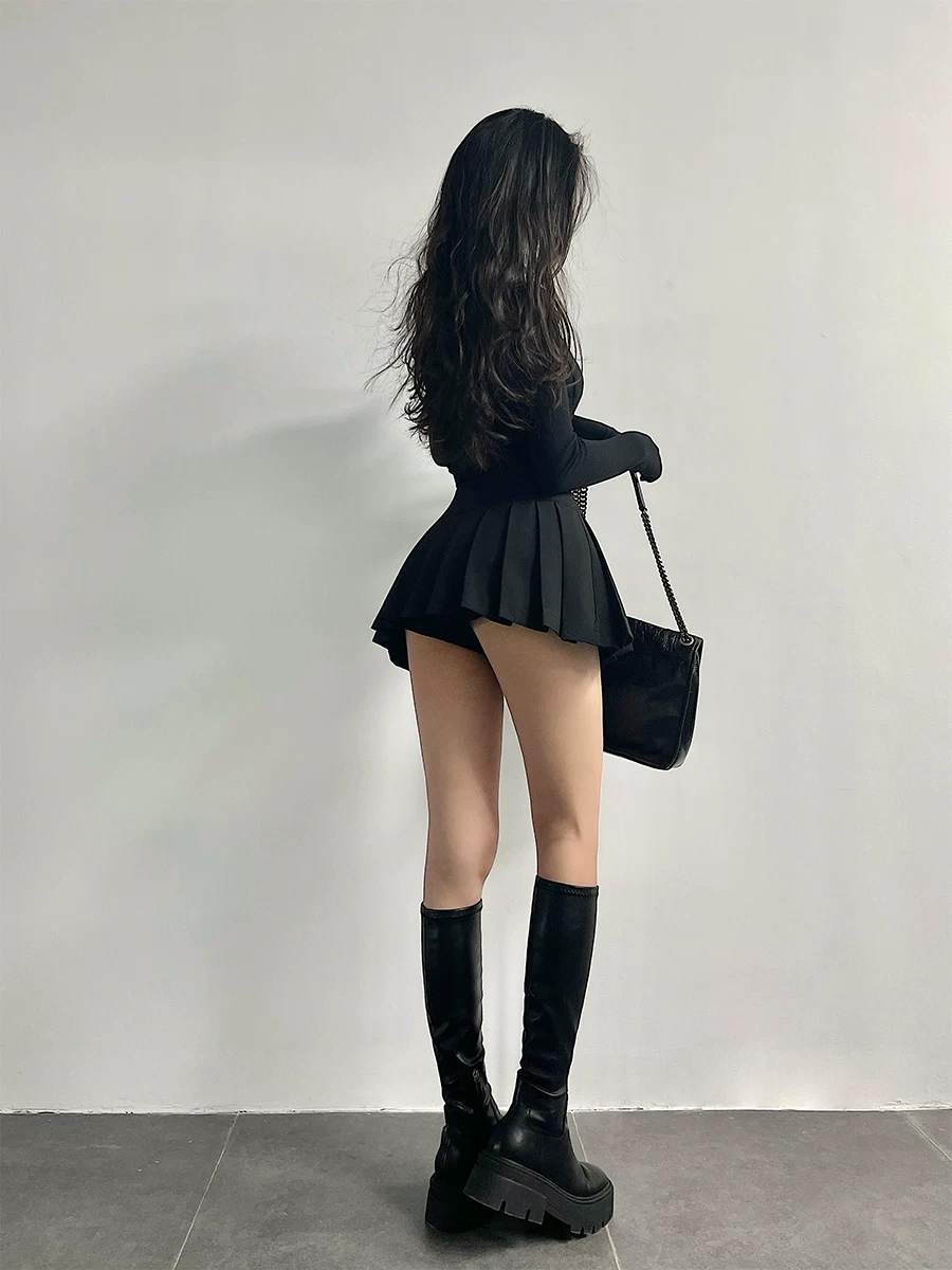 YoungGirlDay khao khát thuần khiết gợi cảm váy xếp ly chữ A eo cao chống lộ hàng, có quần short an toàn váy ngắn