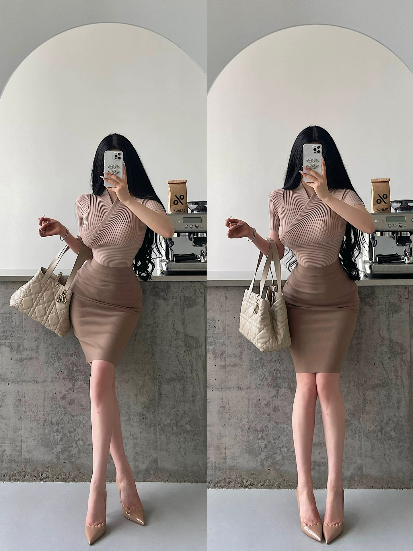 YoungGirlDay Phong cách Hàn Quốc thuần khiết gợi cảm OL váy ôm eo co giãn dài vừa phải kiểu dáng thuần khiết gợi cảm