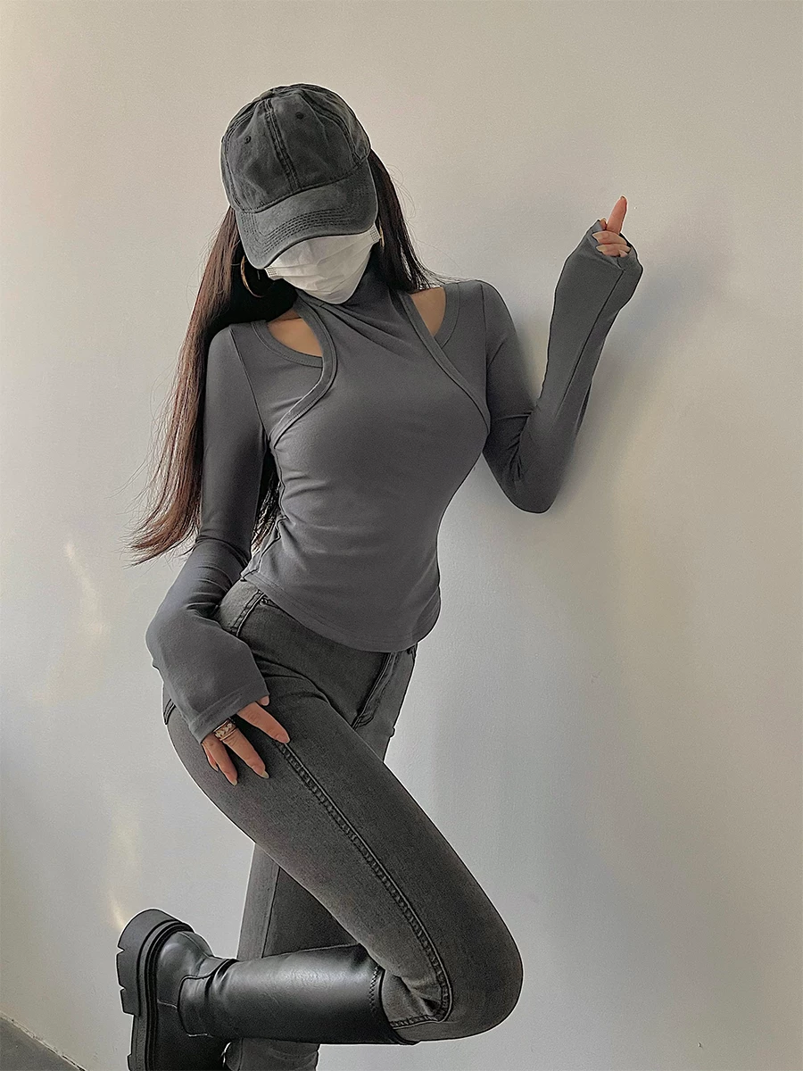 YoungGirlDay Pure Desire gợi cảm cổ cao khoét vai áo thun dài tay ôm sát giúp giảm béo dành cho nữ.