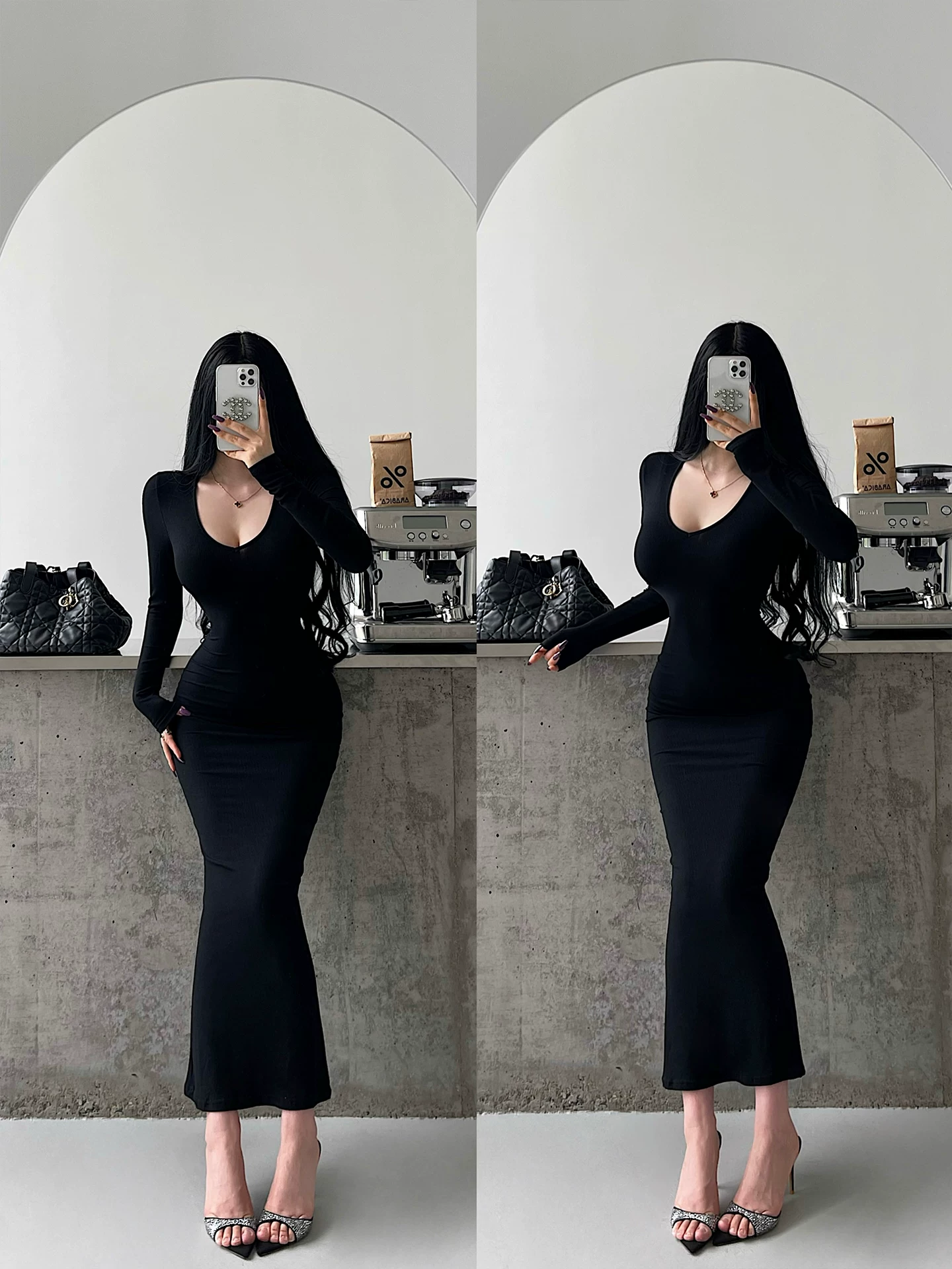 YoungGirlDay Kardashian Váy ôm sát eo dài tay, cổ chữ V gợi cảm, ôm sát eo.