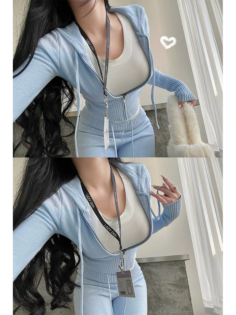Áo khoác cardigan có mũ trùm đầu YoungGirlDay, quần ống rộng cạp cao, quần dài chạm sàn, bộ đồ dệt kim hợp thời trang