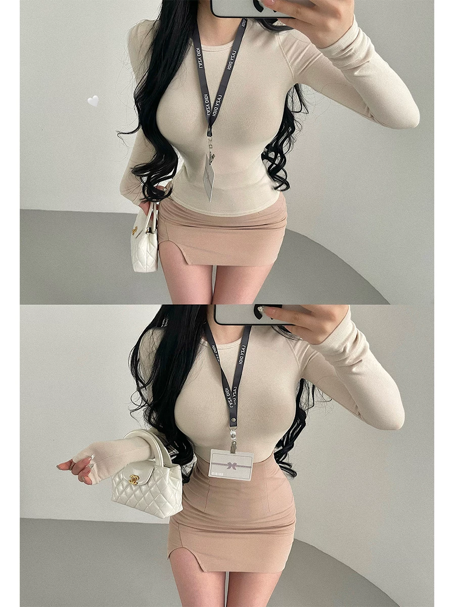 YoungGirlDay Pure Desire Basic Cổ tròn Slim Fit Ba kim năm đường Áo thun dài tay lớp nền dài tay