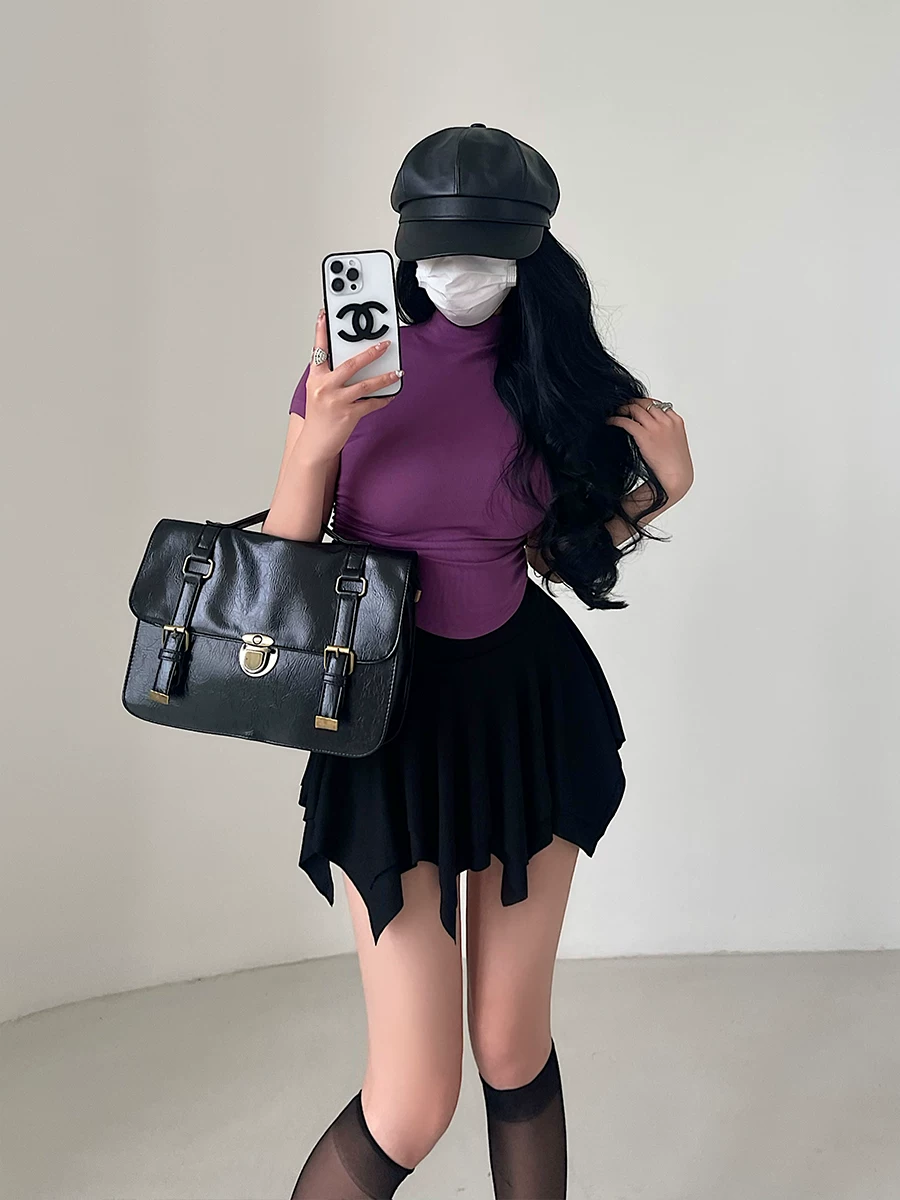 YoungGirlDay Pure Desire sexy slim fit cổ cao xếp ly viền cong áo thun ngắn tay dành cho nữ