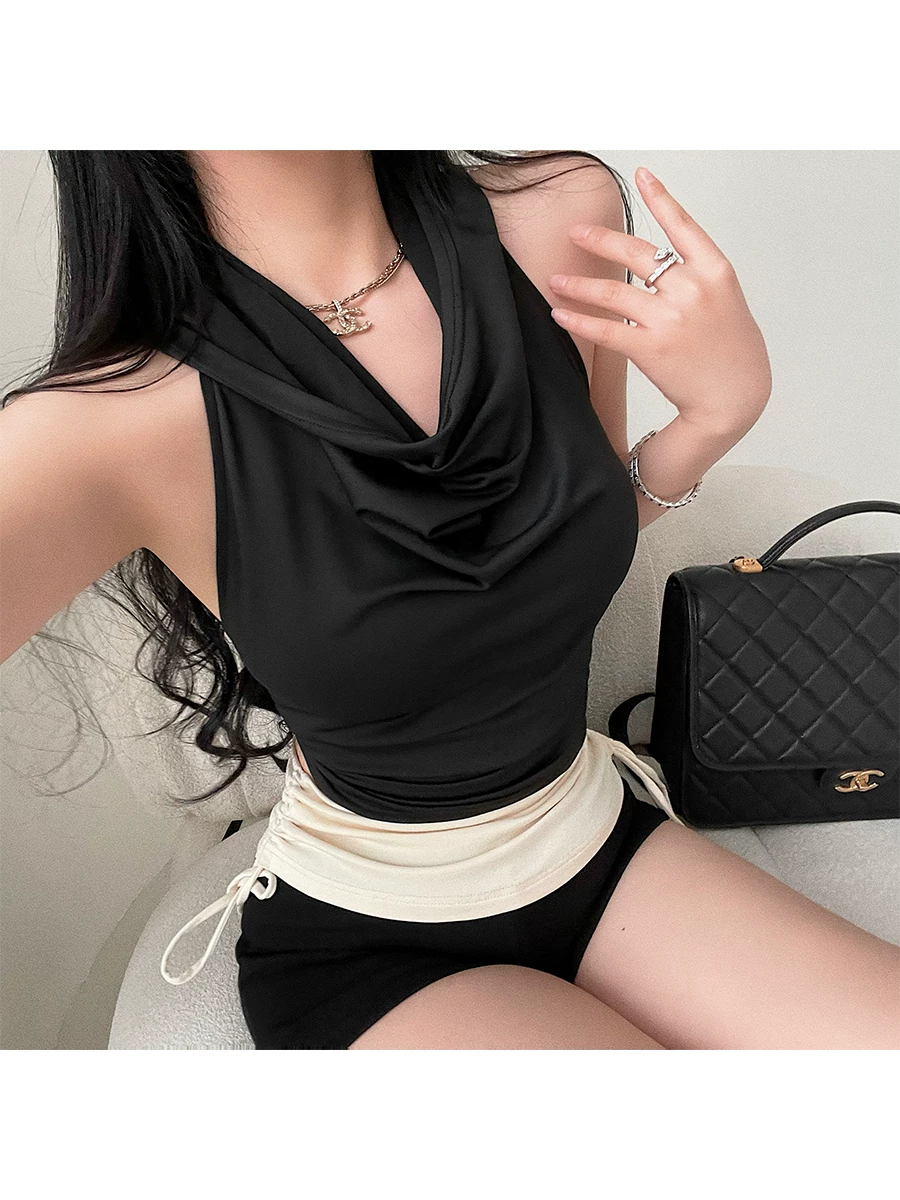 YoungGirlDay Bộ quần short xếp ly có dây rút tương phản lưng cao có mũ trùm đầu gợi cảm