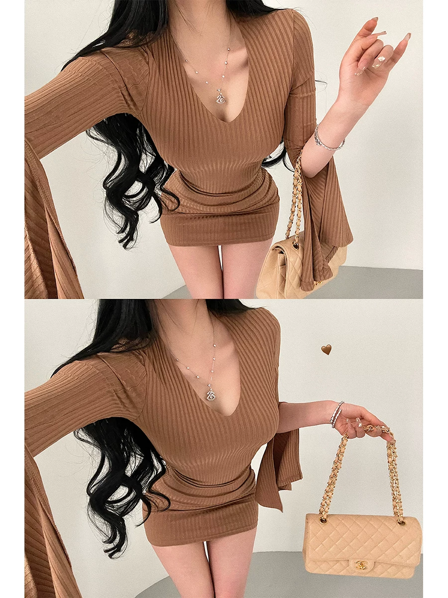 YoungGirlDay Pure Desire Váy ngắn cổ chữ V gợi cảm Slim Fit xẻ tà tay áo có gân Bodycon Váy ngắn.