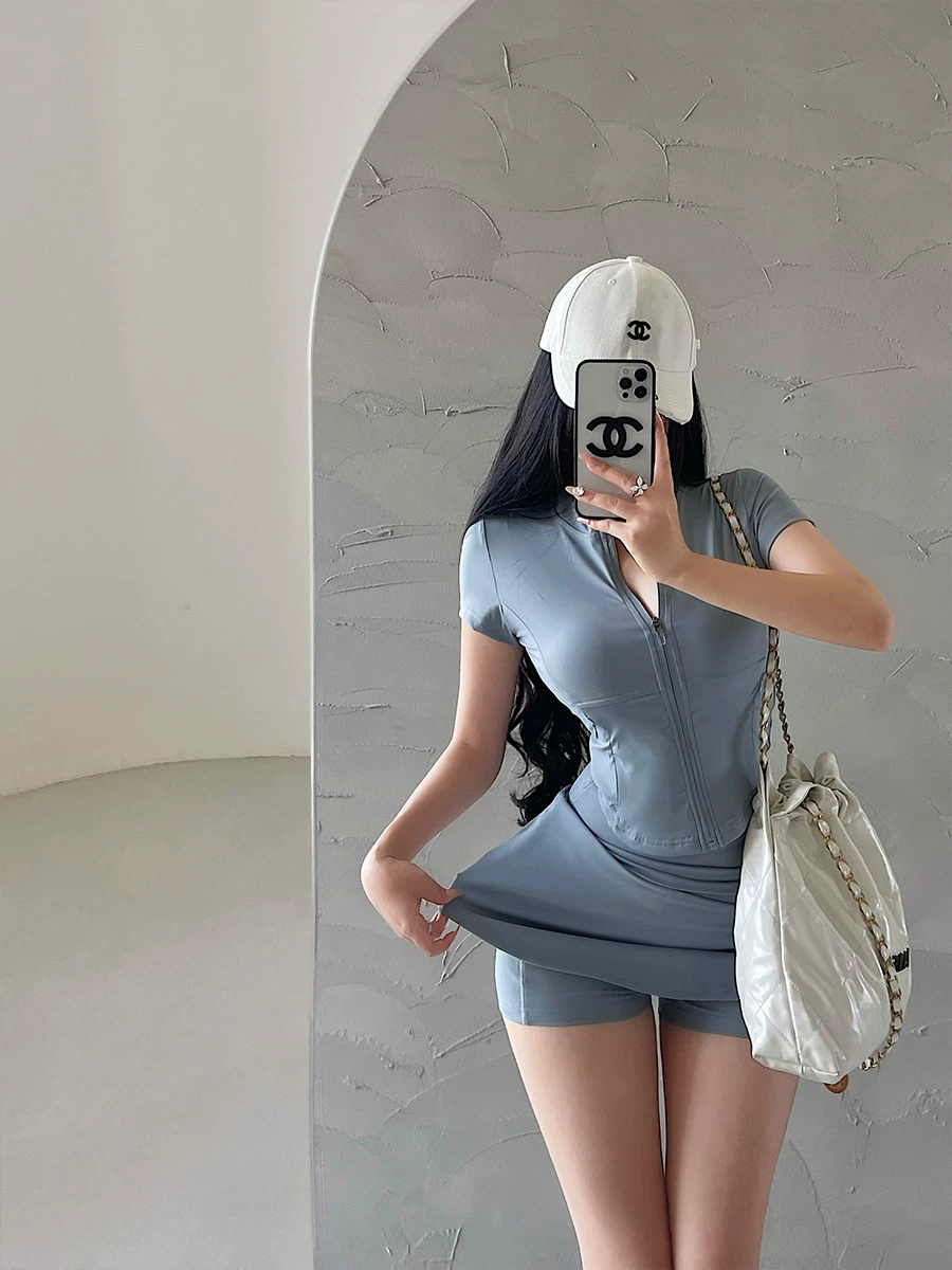 Áo ngắn tay có khóa kéo YoungGirlDay, váy ôm sát cạp cao chống lộ, bộ đồ thể thao thường ngày, hợp thời trang