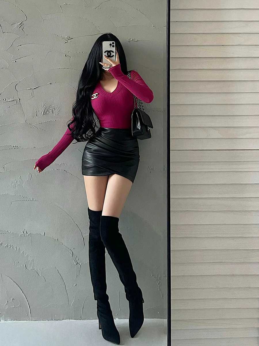 YoungGirlDay khao khát thuần khiết hot girl gợi cảm eo cao giảm béo chống lộ hàng xếp ly váy ngắn bằng da PU.
