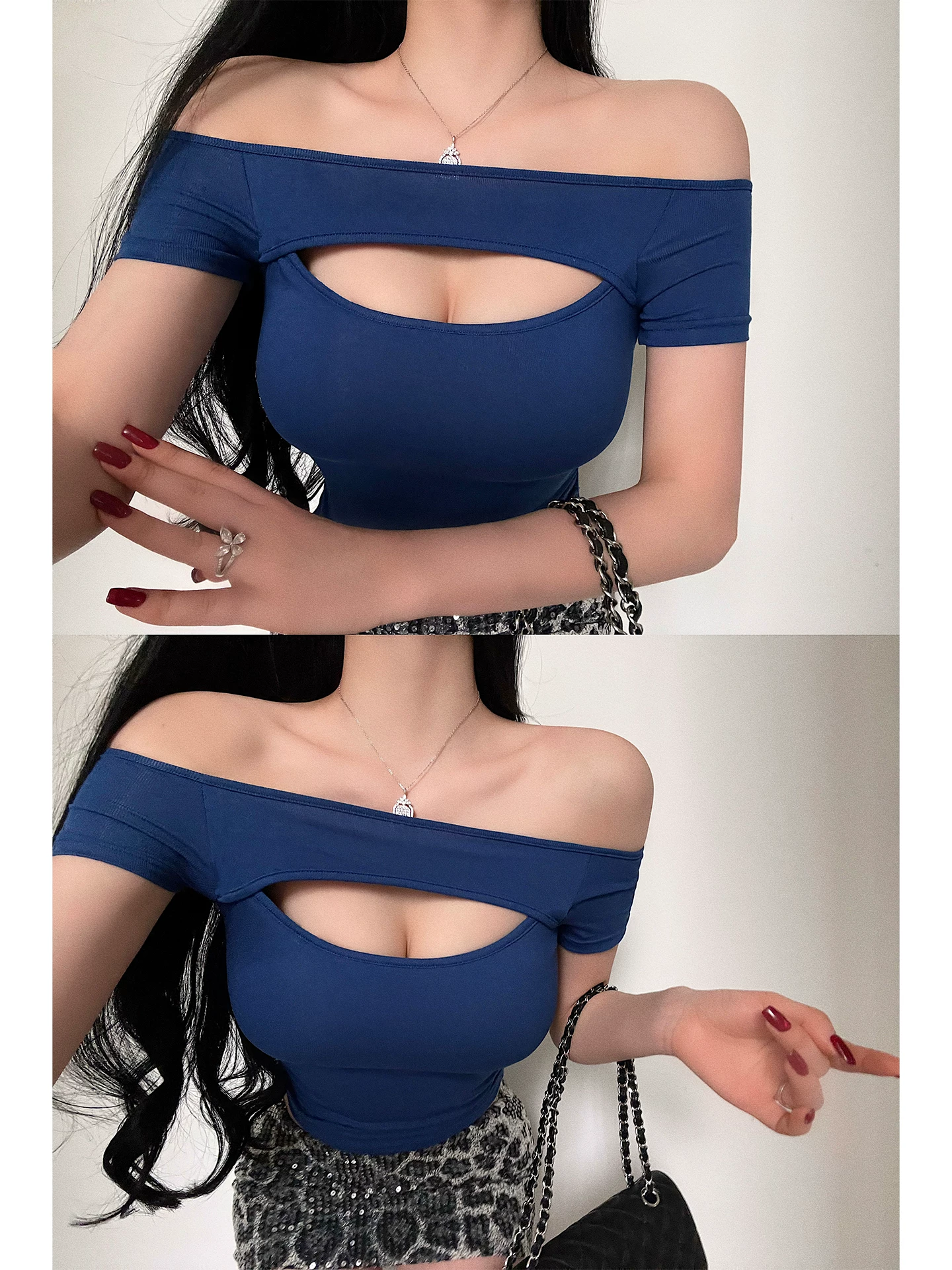 YoungGirlDay Pure Desire Gợi cảm một vai khoét rỗng phía trước Slim Fit Áo thun ngắn tay có miếng đệm ngực
