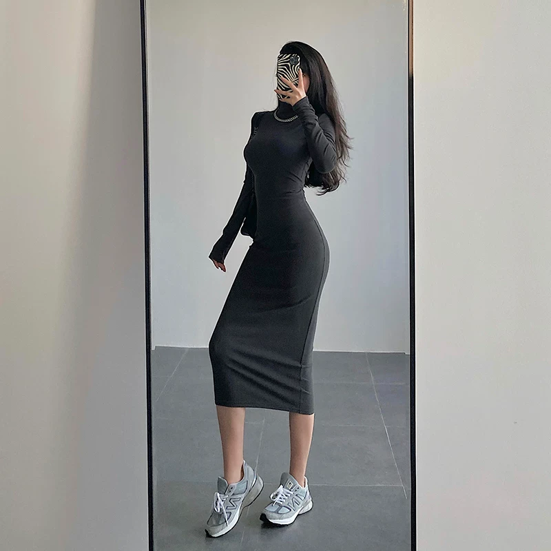 YoungGirlDay Váy dài tay vừa vặn, ôm sát cơ thể, phong cách Âu Mỹ gợi cảm, dày dặn, cổ cao, dài vừa phải.