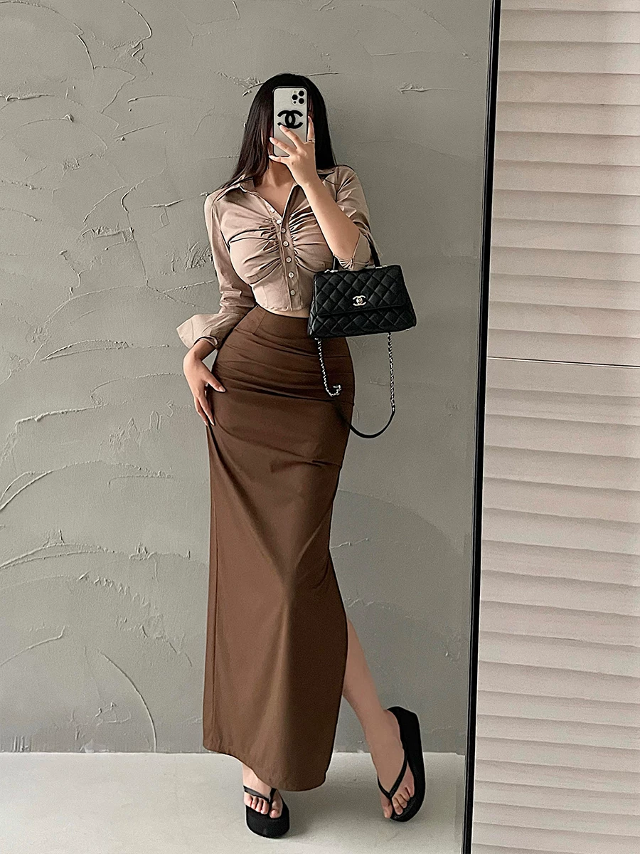 YoungGirlDay Phong cách Âu Mỹ gợi cảm, eo cao, xếp ly, xẻ tà, ôm sát cơ thể, váy dài công sở dành cho nữ.