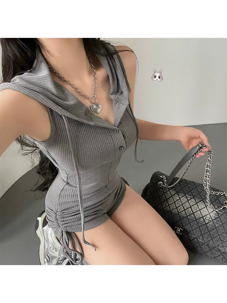 YoungGirlDay Quần short liền thân có dây rút có mũ trùm đầu phong cách châu Âu và Mỹ hot girl có dây rút ôm sát không tay hở lưng có dây rút