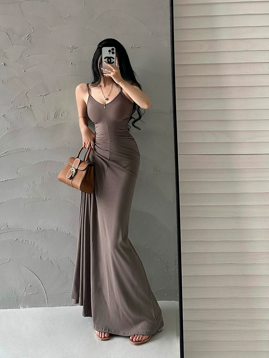 YoungGirlDay Pure Desire Style Váy dài có dây đeo cổ chữ V gợi cảm Slim Fit Ruched Eo Bodycon.