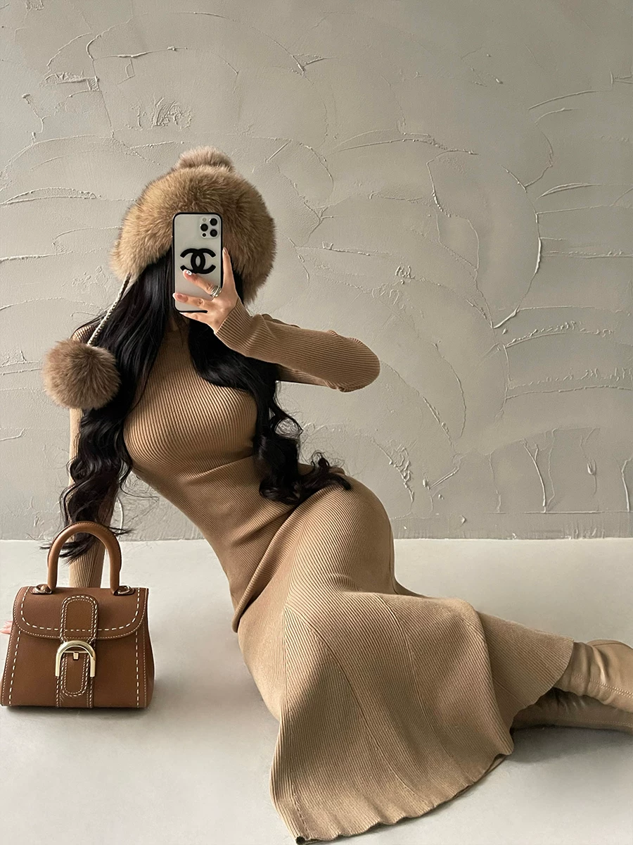 YoungGirlDay khao khát thuần khiết gợi cảm cổ tròn ôm sát tay dài dệt kim bodycon váy đuôi cá váy dài