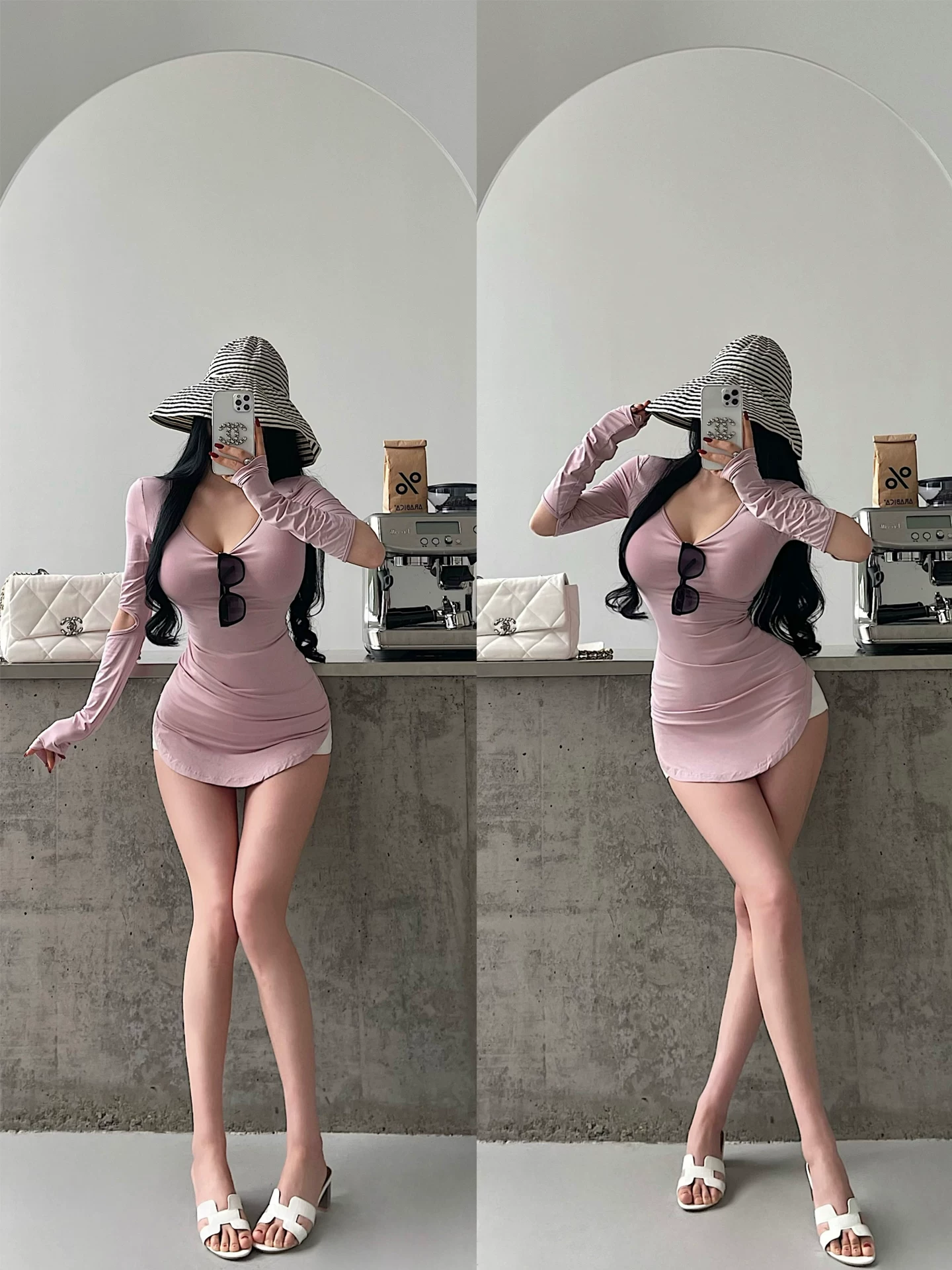 YoungGirlDay phong cách thuần khiết gợi cảm cổ tròn có đệm vai ôm vừa vặn cut-out tay dài ôm sát váy ngắn