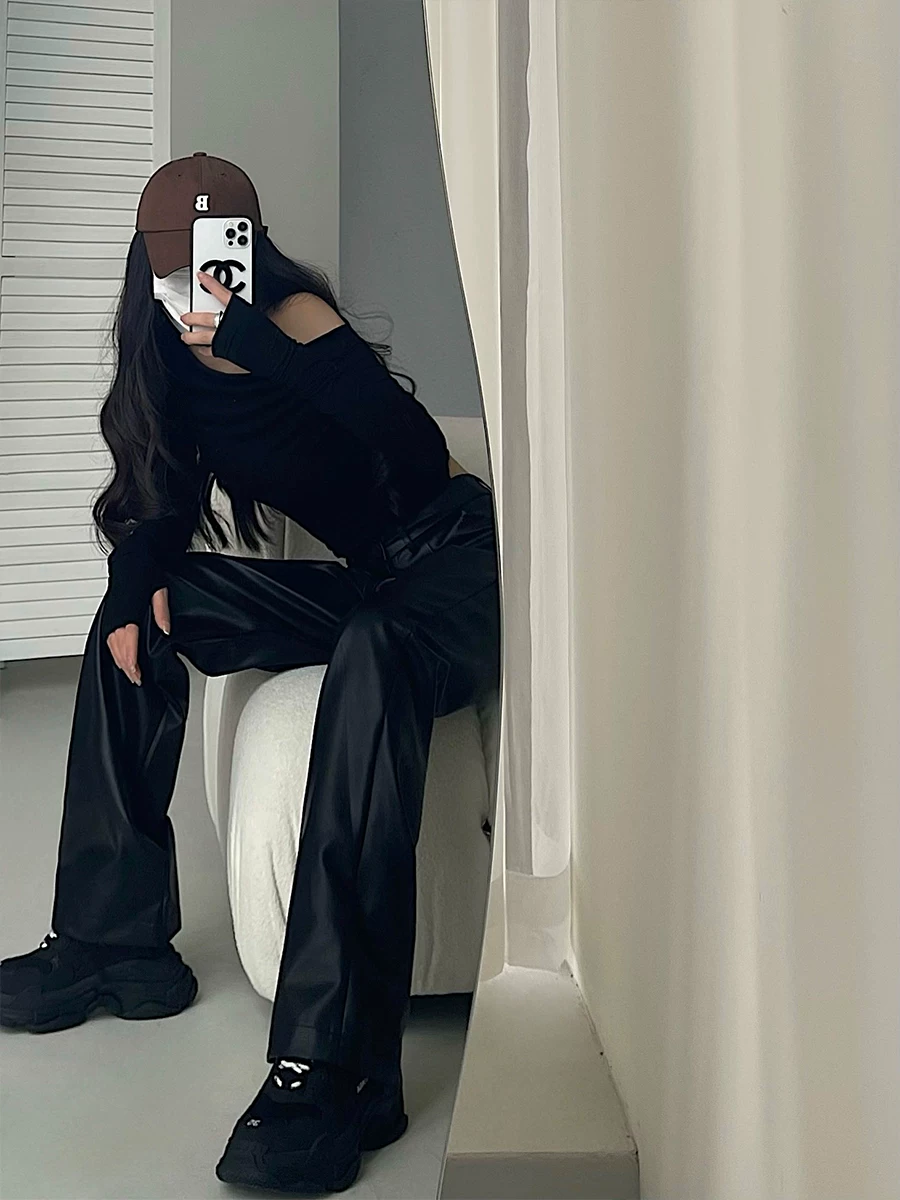 YoungGirlDay Phong cách đường phố Mỹ cổ điển cạp cao dáng rộng giảm béo quần ống rộng bằng da PU quần dài thường ngày hợp thời trang