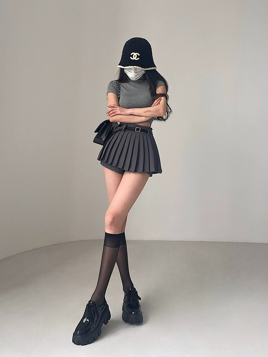YoungGirlDay khao khát thuần khiết gợi cảm eo cao giảm béo chống lộ quần short an toàn váy xếp ly váy ngắn có thắt lưng