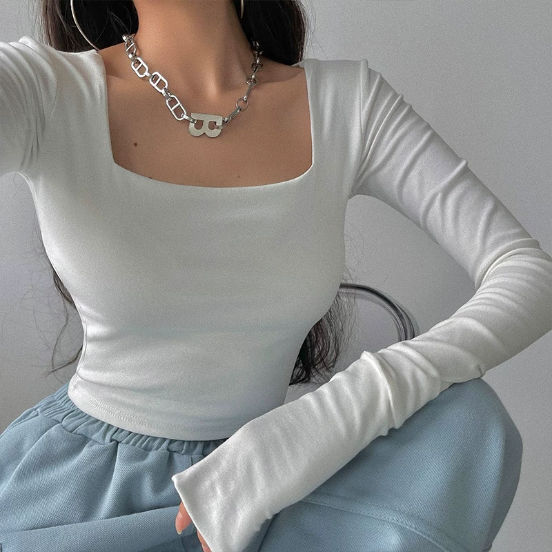 Áo thun crop top ngắn tay siêu dài cổ vuông hai lớp ôm sát gợi cảm YoungGirlDay dành cho nữ