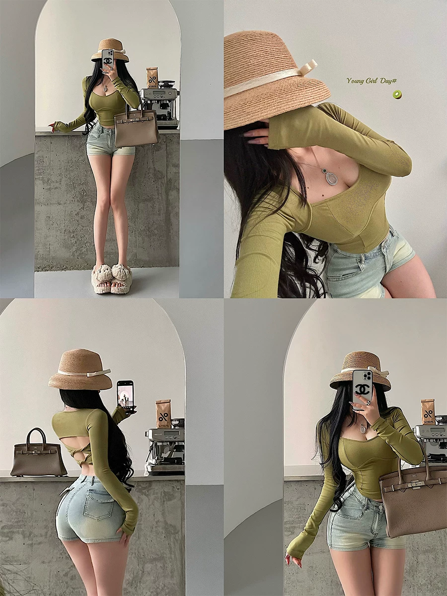 YoungGirlDay pure Desire cô gái nóng bỏng gợi cảm ôm sát lưng khoét lỗ áo thun dài tay cơ bản