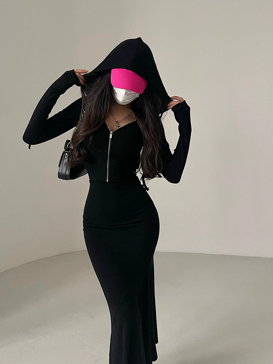 YoungGirlDay pure Desire sexy áo cardigan có mũ trùm đầu có khóa kéo, bộ váy đuôi cá cạp cao không đều ôm hông