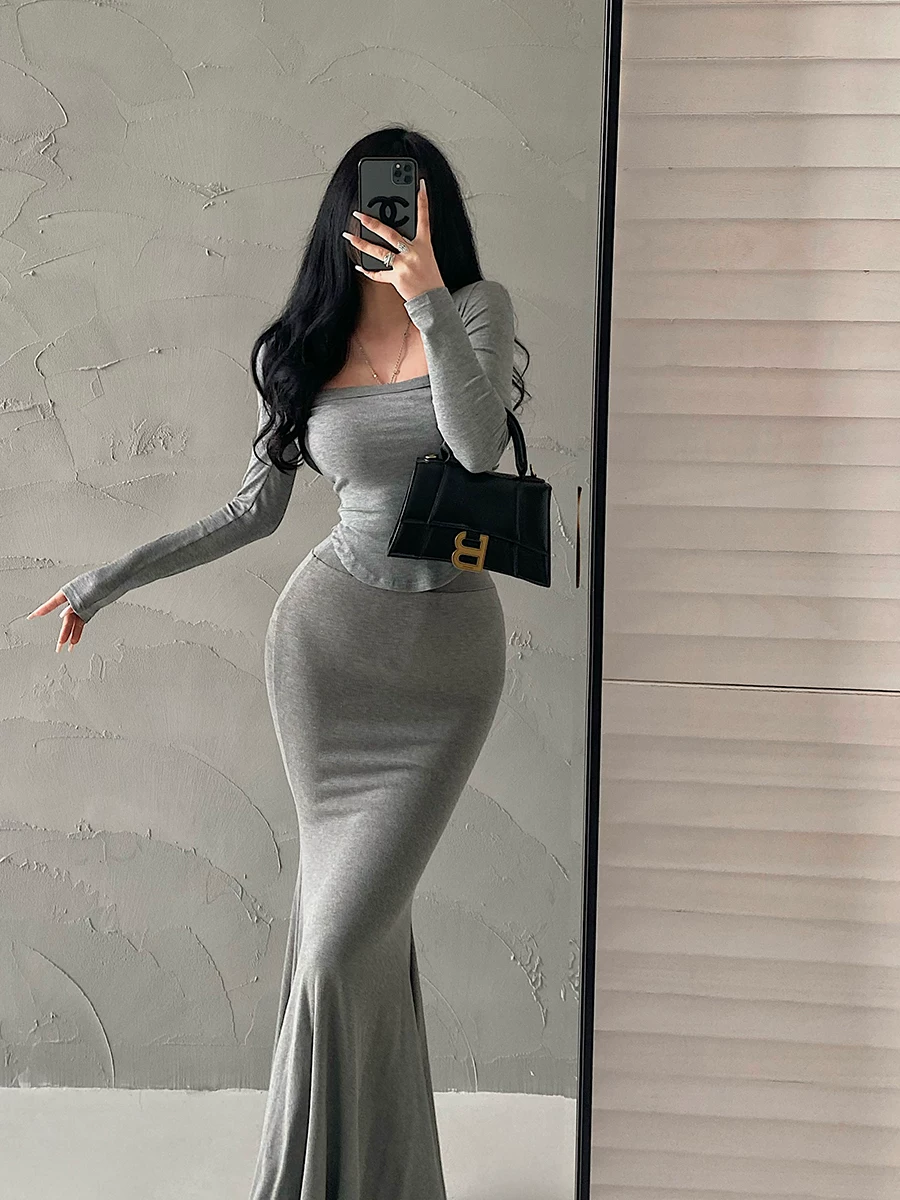 YoungGirlDay Pure Desire Gợi cảm Slim Fit Nâng vai Nâng ngực Đường viền cong Áo thun dài tay có viền dài hàng đầu