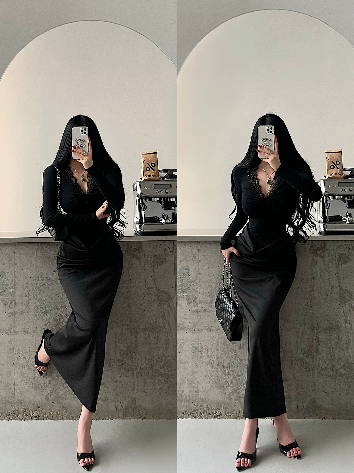 YoungGirlDay Pure Desire Style Váy dài ôm sát cổ chữ V gợi cảm phối ren thắt nút nâng ngực.