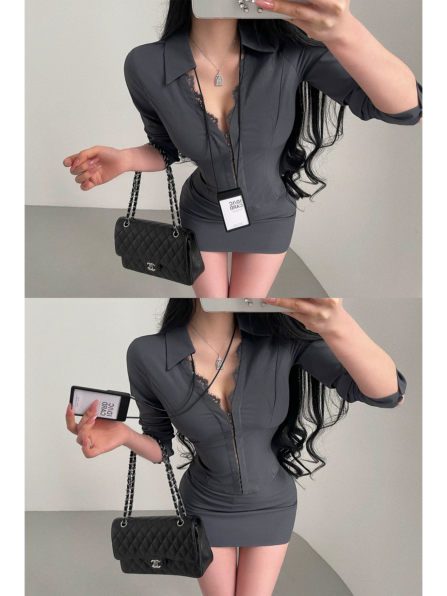 YoungGirlDay Bộ áo sơ mi ren chắp vá thông minh phong cách Hàn Quốc, váy ôm hông cạp cao