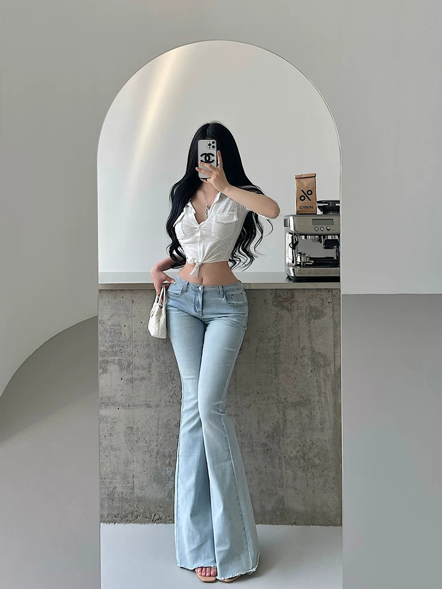 YoungGirlDay Áo crop top ngắn có cổ, thắt eo, tay áo ba phần tư, phong cách Hàn Quốc thuần khiết gợi cảm.