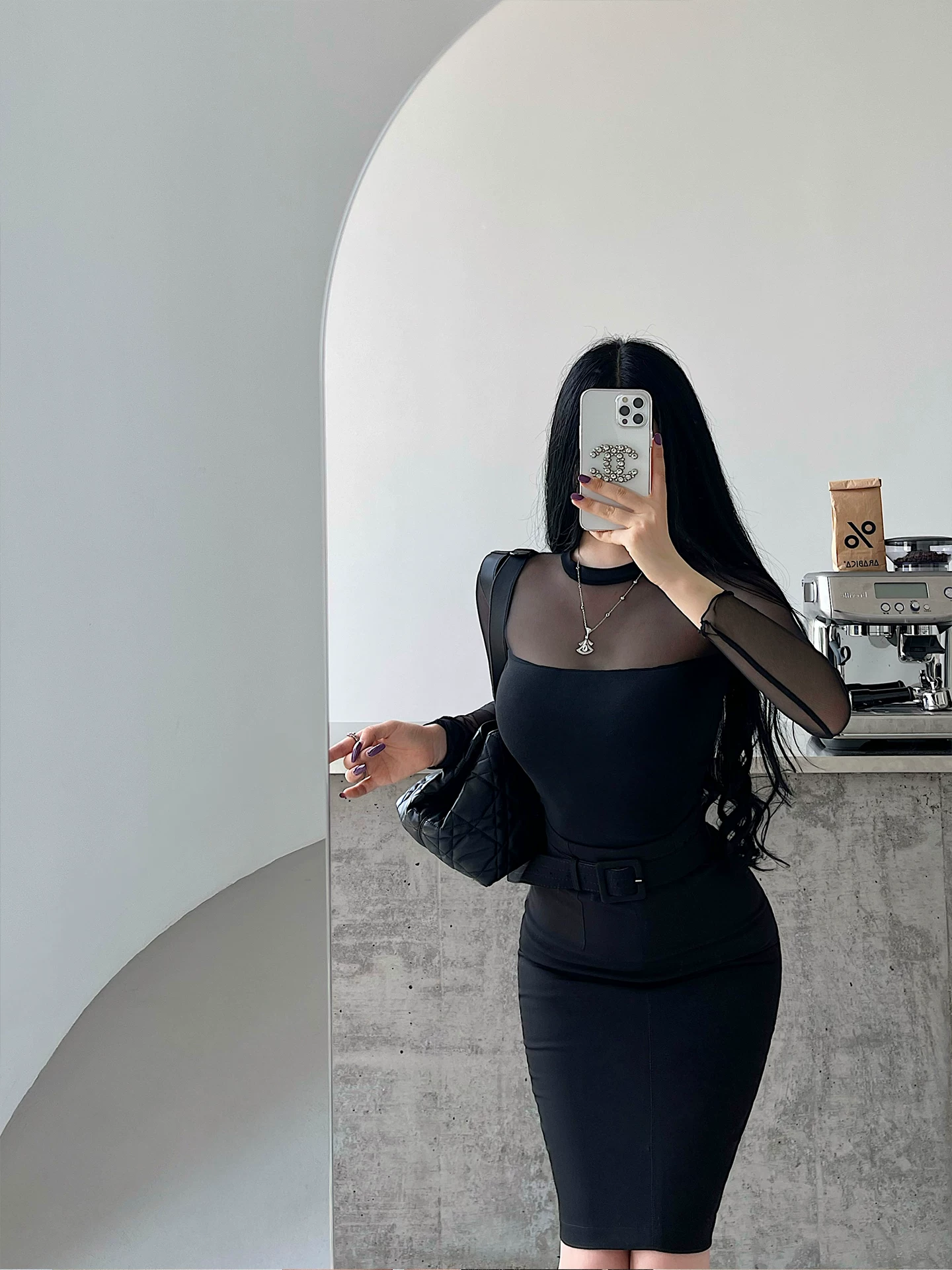 YoungGirlDay Pure Desire Áo thun dài tay cổ tròn gợi cảm Slim Fit lưới chắp vá có miếng đệm ngực tích hợp