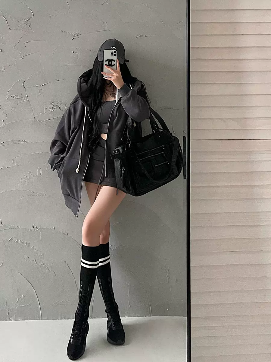 YoungGirlDay Phong cách đường phố châu Âu và Mỹ, áo khoác thể thao có dây kéo, có mũ trùm đầu, lót lông cừu, dày dặn, phong cách thể thao thông thường
