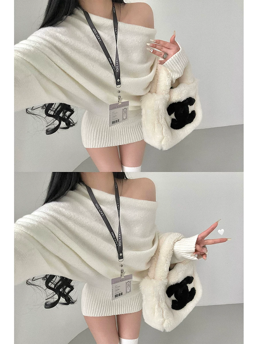 YoungGirlDay lazy vibe off-shoulder dáng rộng tay áo đèn lồng đan len ôm sát váy ngắn hợp thời trang