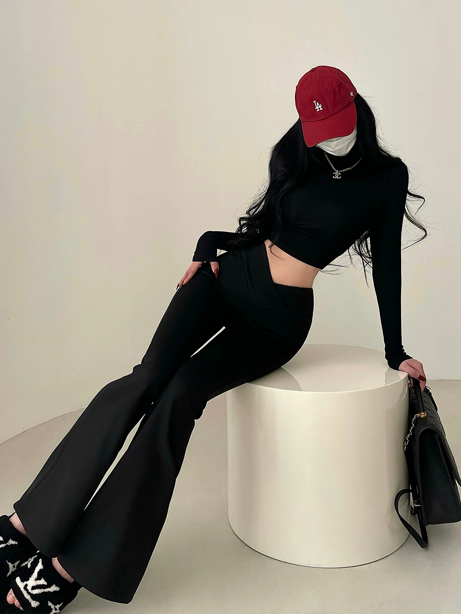 YoungGirlDay Quần ống loe cạp cao hình chữ V phong cách Âu Mỹ giúp chân trông dài hơn Quần thường ngày dành cho nữ