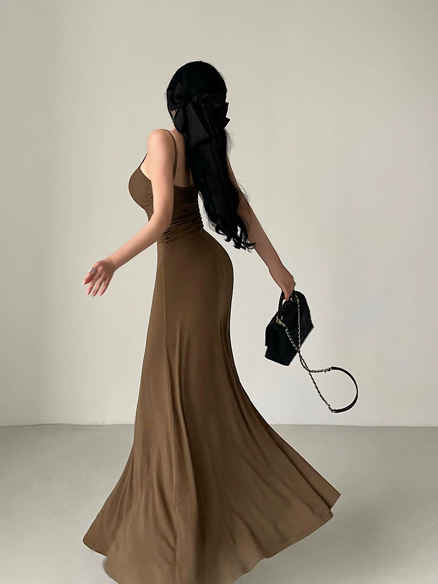 YoungGirlDay Pure Desire Style Váy dài có dây đeo cổ chữ V gợi cảm Slim Fit Ruched Eo Bodycon.