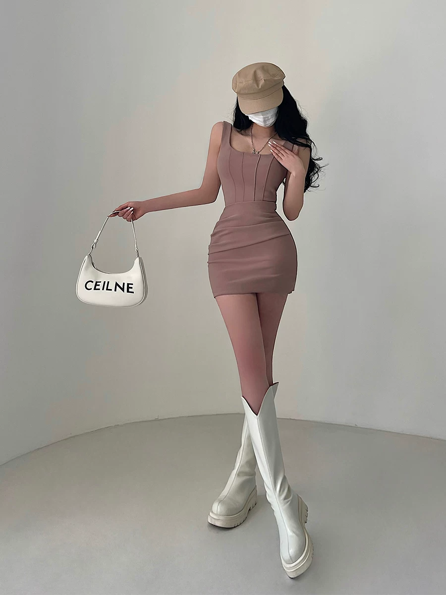 YoungGirlDay khao khát thuần khiết gợi cảm cổ vuông ôm sát eo dây đeo eo đầm bodycon váy ngắn