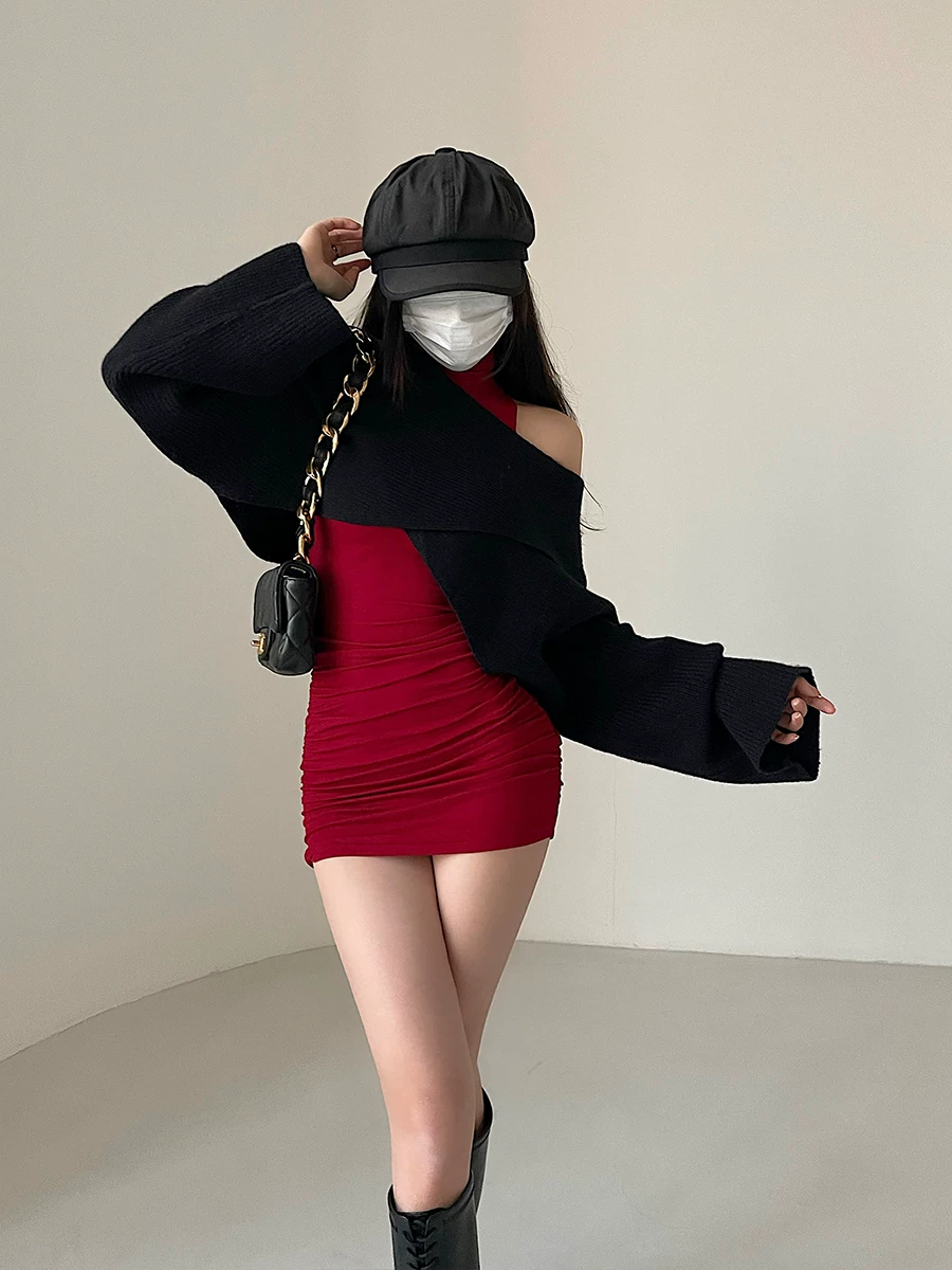 YoungGirlDay hot girl thời trang dáng rộng, giảm béo, viền chéo, áo len dệt kim ngắn tay dài, áo choàng cardigan